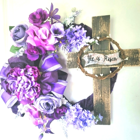 Easter Cross Wreath He is Risen Floral Bow - Picture 5 of 5
